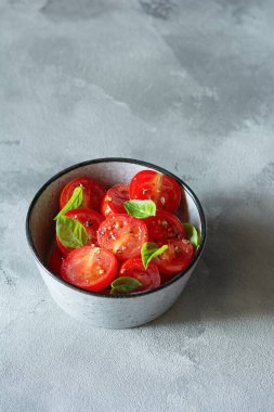 Gri arka planda taze vişneli domates salatası, kızarmış ekmek, fesleğen yaprağı, baharat ve aromalı zeytinyağı. Panzanella yazın popüler bir Toskana sebze salatasıdır. İtalyan Mutfağı.