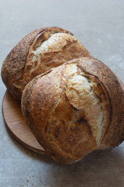 Gri bir arka planda tam buğday unu eklenmiş taze kabuklu ekşi ekmek. Mayasız ekmek, Tartine, sağlıklı yemek..