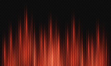 Şeffaf bir arkaplanda kırmızı ışığın soyut neon dikey çizgileri parlıyor. Teknoloji konsepti. Vektör illüstrasyonu