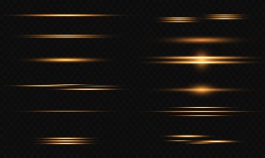 Altın renkli vektör illüstrasyonu. Bir dizi ışık efekti. Parlamalar ve parıltılar. Parlak ışık huzmeleri. Parlak çizgiler.
