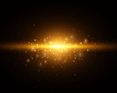 Siyah arkaplanda soyut stil ışık efekti. Altın neon çizgiler. Altın parıldayan toz, bokeh ve parıltı. Flaş ışığı. Vektör çizimi. EPS 10