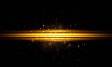 Toz ve altın yıldızlardan oluşan kıvılcımlar özel bir ışıkla parlıyor. Siyah arka planda vektör ışıldıyor. Noel ışığı etkisi.