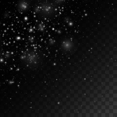 Toz bembeyaz. Beyaz kıvılcımlar ve yıldızlar özel ışıkla parlar. Şeffaf bir arkaplanda vektör parıldıyor. Noel ışığı etkisi. Parlak sihirli toz parçacıkları.