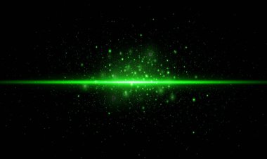 Kıvılcımlı parlak çizgi, ışık efekti, yeşil renk. Siyah bir arkaplanda.