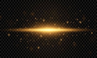 Peri tozu kıvılcımları ve altın yıldızların parıltılarıyla. Tozlu bir ışık parıltısı. Arka planda altın parıldayan ışık patlar. Şeffaf, parlak güneş. Vektör ışığı.
