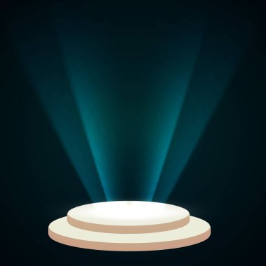 Neon ışıkları olan bir ürünün podyum arka planı. Vektör illüstrasyonu