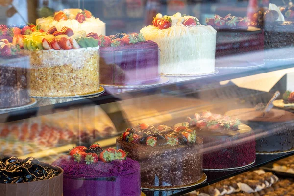 Types of cakes. Cakes displayed on the counter. Bakery products