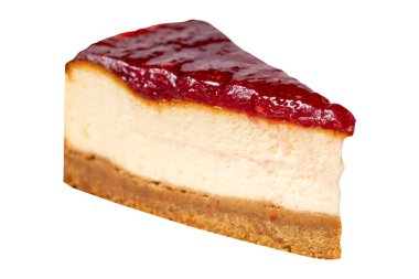 Beyaz arka planda izole edilmiş cheesecake New York pastası. Amerikan yemek kültürü. Pastane tatlıları. Kapat.