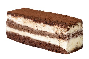 Beyaz arka planda izole edilmiş tiramisu keki. İtalyan yemek kültürü. Pastane tatlıları. Kapat.