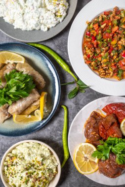 Geleneksel Türk ve Yunan yemek aperatifleri. Akdeniz aperatif konsepti. Çiğ köfte, kızarmış patlıcan salatası, doldurulmuş zeytin, dolma biber, gavurdagi salatası.