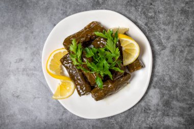 Koyu arkaplanda zeytinyağı ya da dolma ile doldurulmuş yapraklar. Türk mutfağı aperatifleri. Üst Manzara. Kapat.