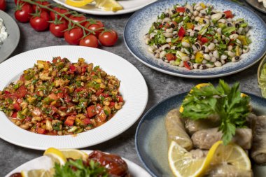 Geleneksel Türk ve Yunan yemek aperatifleri masası. Akdeniz aperatif konsepti. Kuru bezelye salatası, kavrulmuş patlıcan salatası, zeytinyağlı doldurulmuş yaprak, kurutulmuş biber, lahana rulosu.