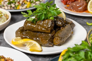 Geleneksel Türk ve Yunan yemek aperatifleri masası. Akdeniz aperatif konsepti. Kuru bezelye salatası, kavrulmuş patlıcan salatası, zeytinyağlı doldurulmuş yaprak, kurutulmuş biber, lahana rulosu.