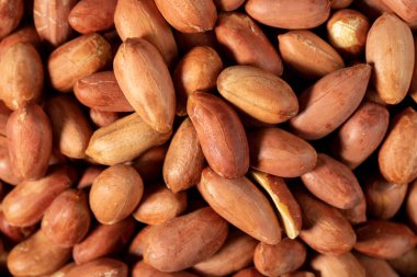 Karanlık arka planda yer fıstıkları. Fıstık yığını. Stüdyo çekimi. Üst görünüm