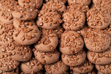 Chocolate and cocoa cookies. Fresh chocolate chip cookies. Bakery products. close up