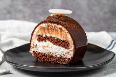 Layered Chocolate Cake on a Stone Background. A slice of delicious portion chocolate cake. close up