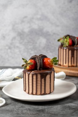 Small cake. Chocolate and strawberry cake in a plate. close up