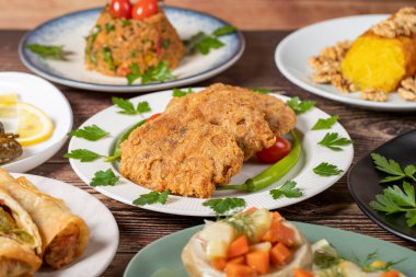 Ramadan table. Turkish food on wooden background. Iftar and sahur delicacies. Turkish oriental dishes. Types of appetizers. close up