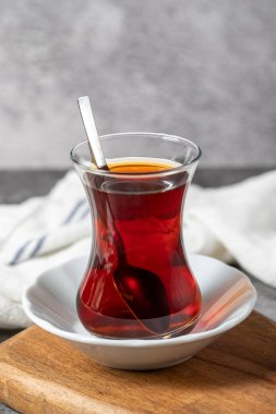 Black tea. Freshly brewed hot traditional Turkish tea in a glass