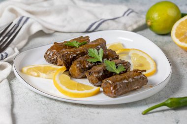 Yaprak sarma ya da dolmades aperatifi Akdeniz usulü doldurulmuş sarmaşık yaprağı. Yaprak sarma. Türk aperatiflerinin çeşitleri