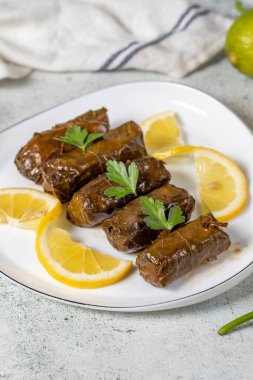 Yaprak sarma ya da dolmades aperatifi Akdeniz usulü doldurulmuş sarmaşık yaprağı. Yaprak sarma. Türk aperatiflerinin çeşitleri