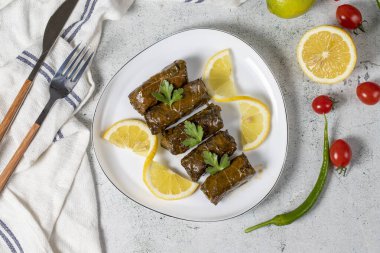 Yaprak sarma ya da dolmades aperatifi Akdeniz usulü doldurulmuş sarmaşık yaprağı. Yaprak sarma. Türk aperatifleri. Üst görünüm