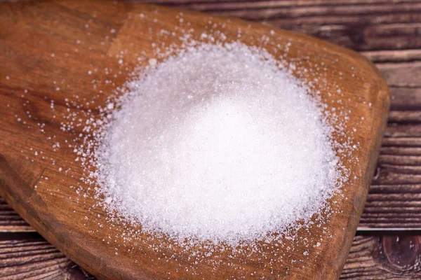 Granulovaný Cukr Bílý Rafinovaný Cukr Pozadí Dřeva — Stock fotografie