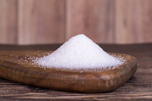 Гранулированный Сахар Белый Рафинированный Сахар Деревянном Фоне — стоковое фото