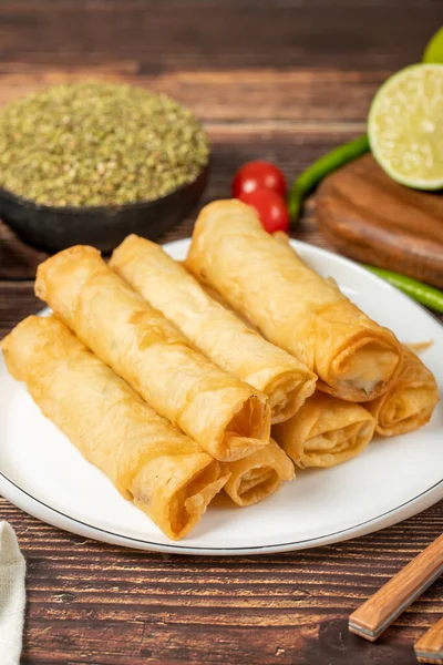 Cigarette Pastry Cheese Pie Wood Floor Fried Cheese Rolls Phyllo — Stock Photo, Image