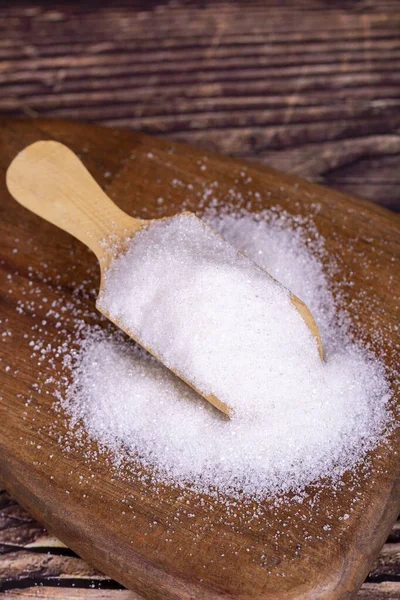 Azúcar Blanco Refinado Sobre Fondo Madera Primer Plano Del Azúcar —  Fotos de Stock