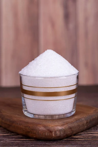 Granulated Sugar White Granulated Sugar Glass Bowl Wood Background Close — Stock Photo, Image
