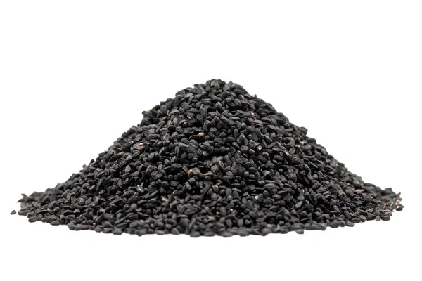 Schwarzkümmel Oder Nigella Sativa Isoliert Auf Weißem Hintergrund Haufen Schwarzkümmelsamen — Stockfoto