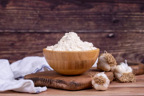 Garlic Powder Wooden Background Dried Ground Garlic Powder Spices Wooden — Stock Photo, Image