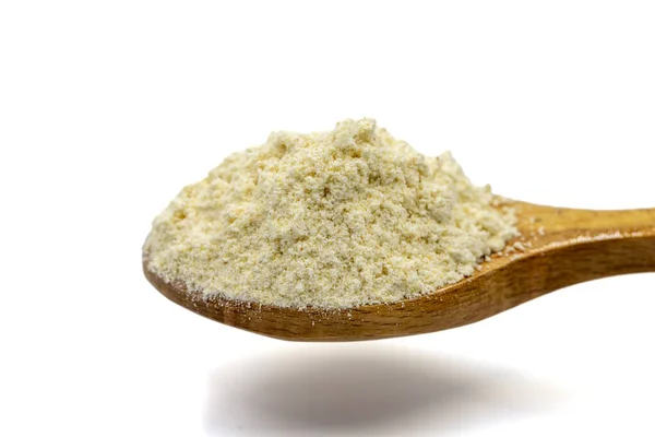 Garlic Powder Isolated White Background Powder Spice Wooden Spoon Close — Stock Photo, Image