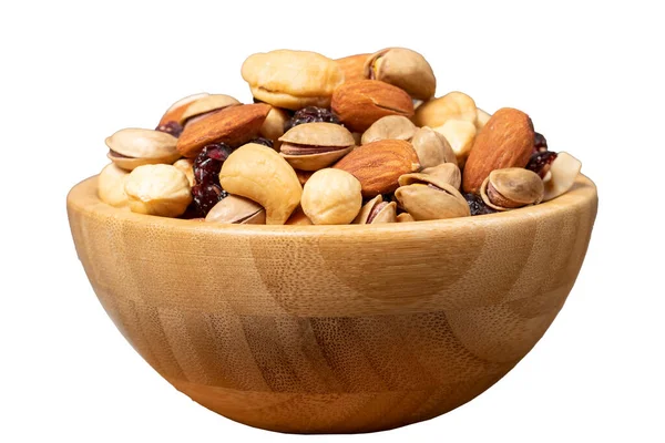 Smíšené Ořechy Izolované Bílém Pozadí Speciální Míchané Ořechy Dřevěné Míse — Stock fotografie