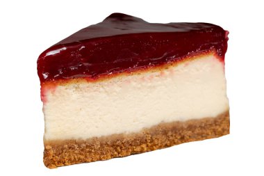 Beyaz arka planda ahududu aromalı cheesecake. Bir parça cheesecake.