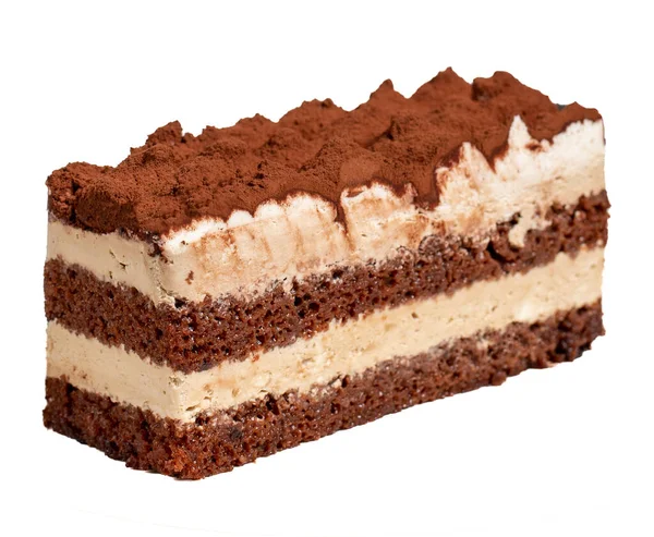 伝統的なイタリアのデザートティラミスケーキ 白を基調としたティラミスクリームとココアパウダーでチョコレートケーキのスライス — ストック写真