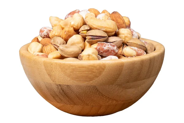 Mixed Nuts Isolated White Background Special Mixed Nuts Wooden Bowl — Stock Photo, Image
