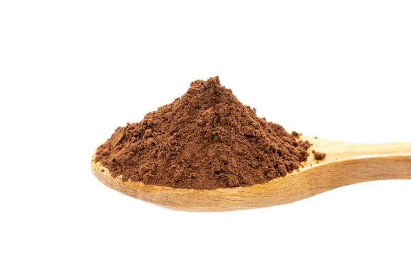 Cacao Polvere Cucchiaio Legno Mucchio Cacao Polvere Isolato Fondo Bianco — Foto Stock