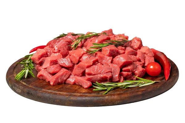 Rått Nötkött Kött Hackad Kuber Isolerad Vit Bakgrund Tärnat Nötkött — Stockfoto