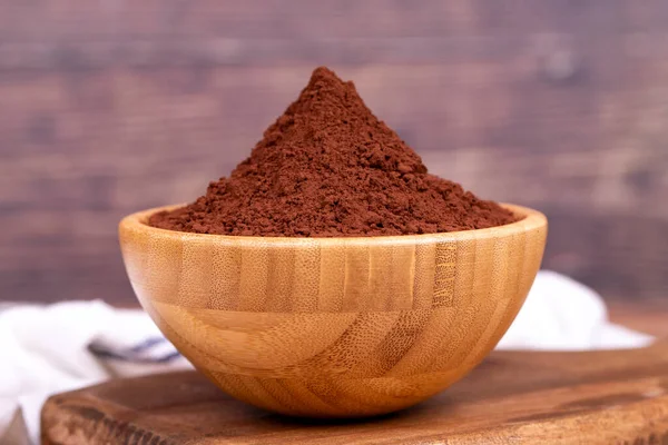Cocoa Powder Wood Background Cocoa Powder Wooden Bowl — Stock Photo, Image