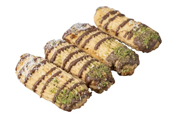 Шоколадне Фісташкове Кокосове Печиво Ізольовано Білому Тлі Асортимент Печива Печиво — стокове фото
