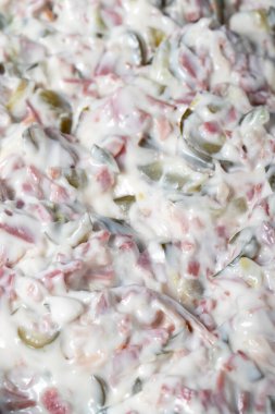 Mayonezli İtalyan salatası. Sağlıklı mezeler. yiyecek arka planı