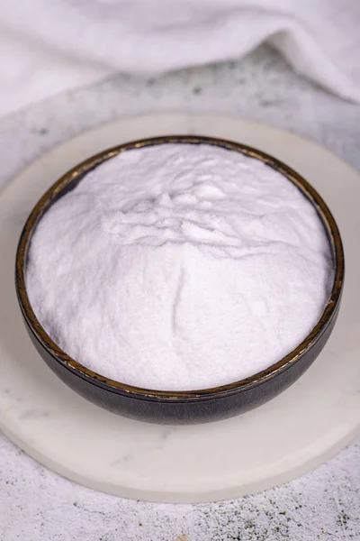 Sodium Bicarbonate Baking Soda Grey Background Sodium Bicarbonate Powder Bowl — Stock Photo, Image