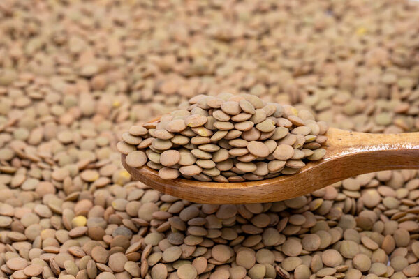 Зеленая чечевица на деревянной ложке. Ноги в качестве фона. крупный план зеленой чечевицы