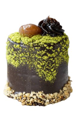 Fıstıklı ve kestaneli kek beyaz arka planda izole edilmiş. İçinde kestane ve krema olan çikolata kaplı pasta. Kapat.