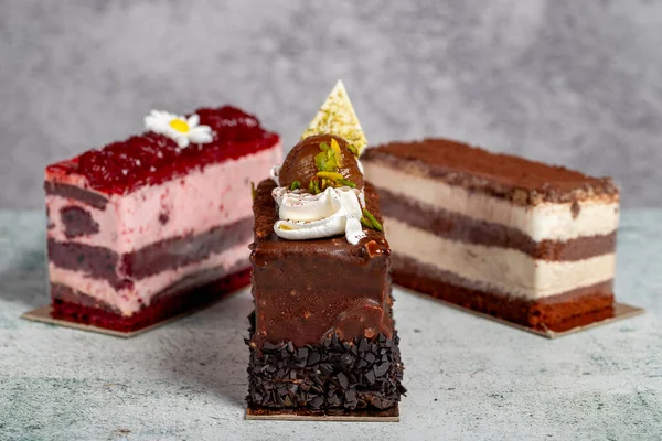 ケーキの様々なスライス ティラミス チョコレート フルーツケーキ クローズアップ — ストック写真
