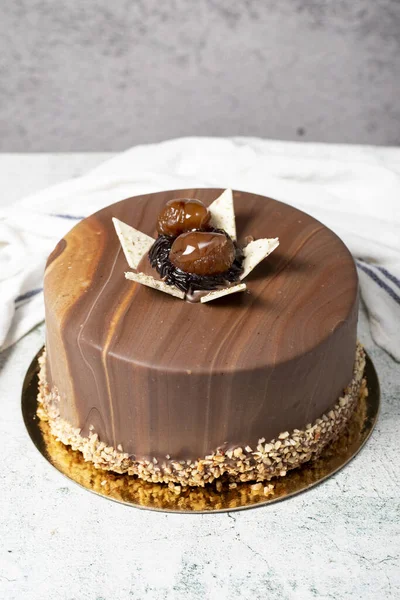 Шоколадний Торт Шоколадний Каштановий Фісташковий Торт Сірому Фоні — стокове фото