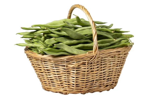 Friss Zöldbab Egy Fehér Alapon Izolált Fonott Kosárban String Bean — Stock Fotó