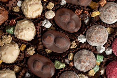 Çikolatalı mantar. Çoklu çikolatalı pralinler. Üst görünüm